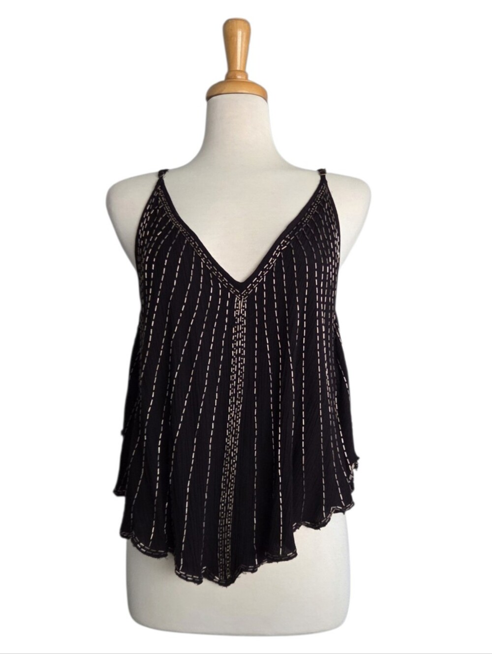 Free People Black Beaded Cami Tank Top Women's M Boho Indie Festival
